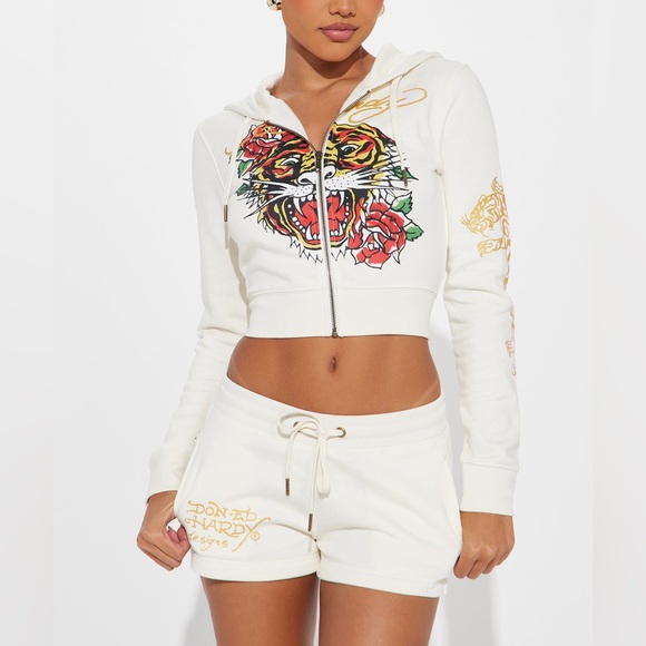 Ed Hardy: Tiger Rose Tattoo Ivory Jacket & Shorts SET (NWT)